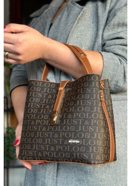 Baskı Desenli Özel Seri Çanta Cüzdan Kombini 92055-GQ Kahve Taba Kombin fırsatları