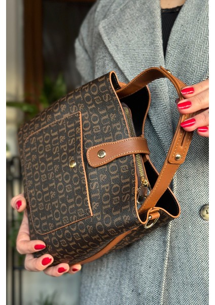 Baskı Desenli Özel Seri Çanta Cüzdan Kombini 92055-GQ Kahve Taba Kombin indirimleri