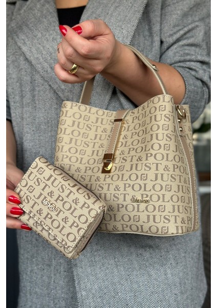 Baskı Desenli Özel Seri Çanta Cüzdan Kombini 92055-GQ Kum Kombin