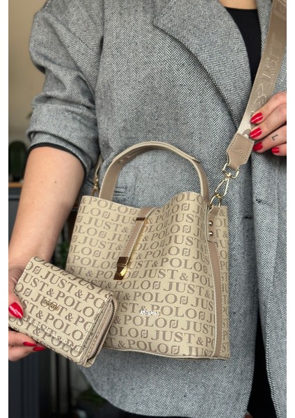 Baskı Desenli Özel Seri Çanta Cüzdan Kombini 92055-GQ Kum Kombin fiyatları