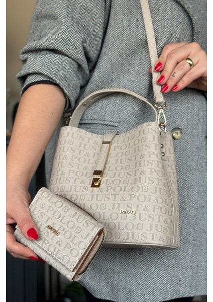 Baskı Desenli Özel Seri Çanta Cüzdan Kombini 92055-GQ Taş Kombin modelleri