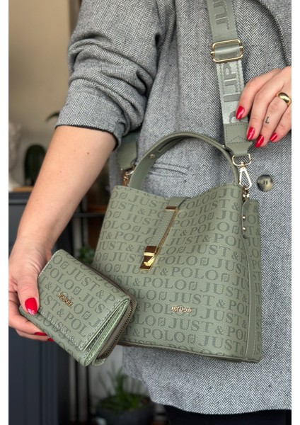 Baskı Desenli Özel Seri Çanta Cüzdan Kombini 92055-GQ Yeşil Kombin
