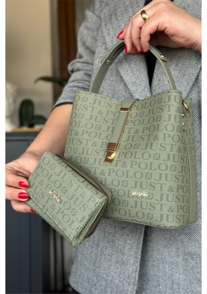 Baskı Desenli Özel Seri Çanta Cüzdan Kombini 92055-GQ Yeşil Kombin fiyatları