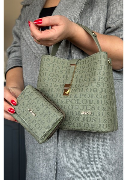 Baskı Desenli Özel Seri Çanta Cüzdan Kombini 92055-GQ Yeşil Kombin modelleri