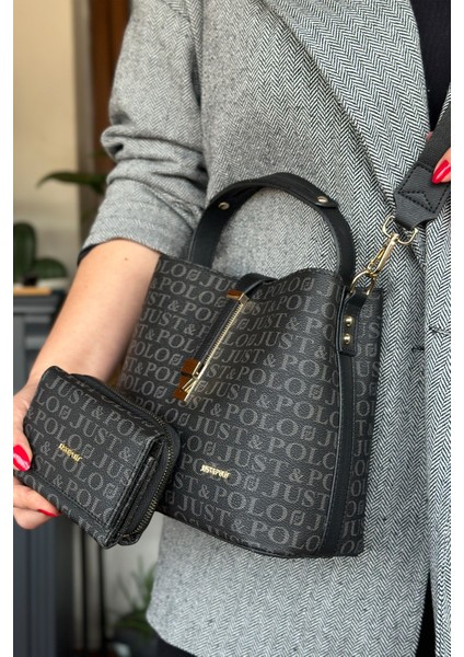 Baskı Desenli Özel Seri Çanta Cüzdan Kombini 92055-GQ Siyah Kombin fırsatları