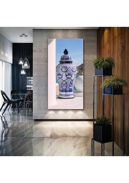 Mavi Çini Desenli Vazo Bodrum Evi Kanvas Tablo
