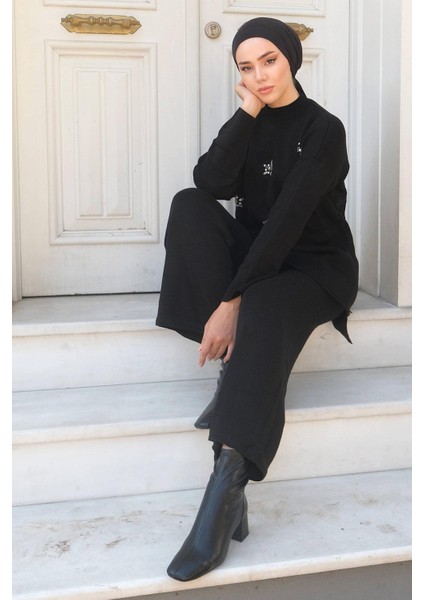Taşlı Triko Takım Siyah HM2238
