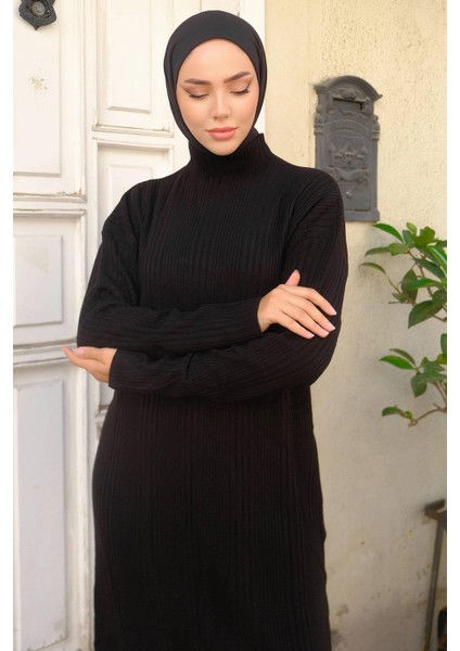 Fitilli Triko Elbise Siyah HM2247