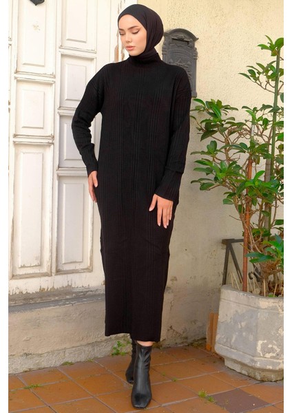 Fitilli Triko Elbise Siyah HM2247