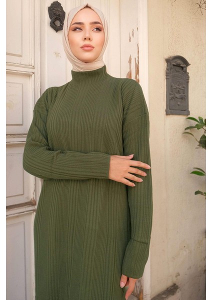 Fitilli Triko Elbise Haki HM2247 fiyatları