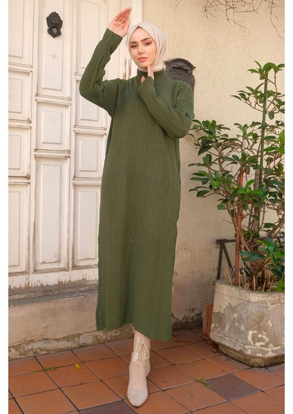 Fitilli Triko Elbise Haki HM2247 modelleri