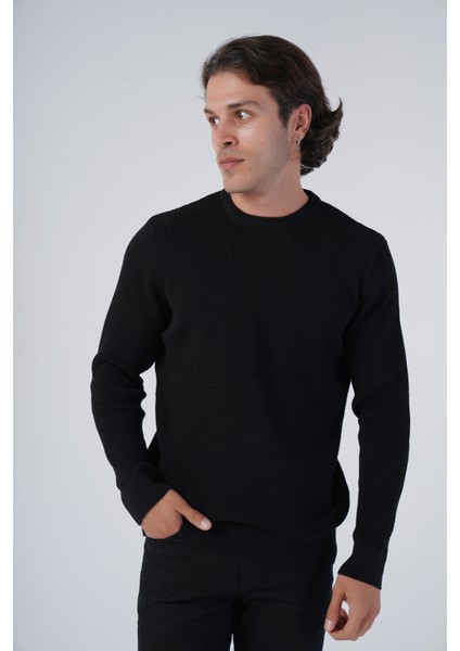 Erkek Siyah Selanik Örgü Desenli Bisiklet Yaka %100 Pamuk Kazak TRIST-1201