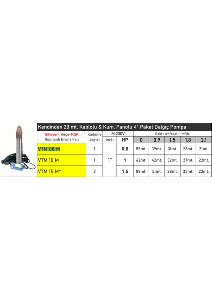 VTM15M 1.5 Hp 20 Mt. Kablolu ve Kumanda Panolu 4" Paket Dalgıç Pompa