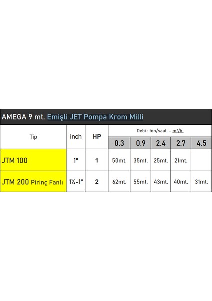 JTM100 1 Hp 220V 9 Mt. Emişli Krom Milli Jet Pompa - Bakır Sargı