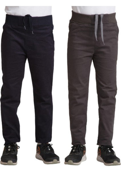 Unisex Çocuk Rahat Kalıp Ribana Bel Canvas Keten Okul Pantolonu 2 Adet