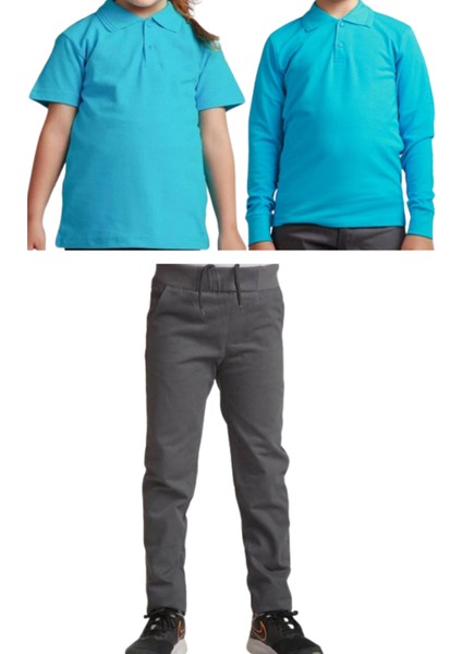 Unisex Çocuk Ribana Bel Keten Okul Pantolonu + Polo Yaka Kısa ve Uzun Kol T-Shirt