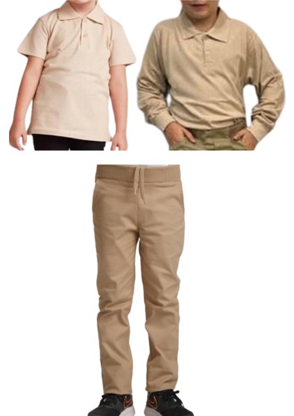 Unisex Çocuk Ribana Bel Keten Okul Pantolonu + Polo Yaka Kısa ve Uzun Kol T-Shirt