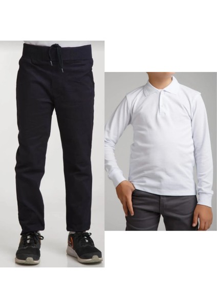 Unisex Çocuk Ribana Bel Keten Siyah Okul Pantolonu + Polo Yaka Uzun Kol T-Shirt