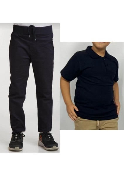 Unisex Çocuk Ribana Bel Keten Siyah Okul Pantolonu + Polo Yaka Kısa Kol T-Shirt