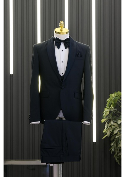 Slimfit Armürlü Şal Yaka Yelekli Papyonlu Smokin Takım Elbise fiyatları