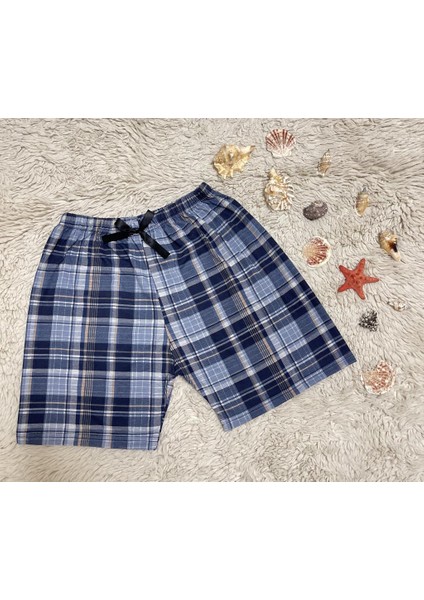 %100 Pamuk Kadın Yüksek Bel Dört Mevsim Şort Pijama Kırmızı Pencere Kare