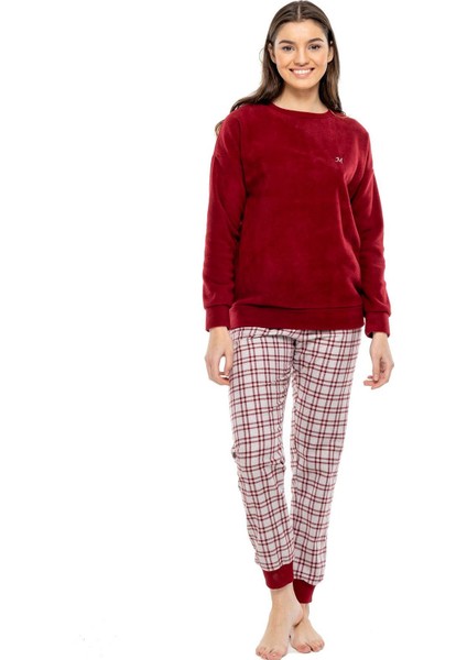 3998 Kadın Bordo Yuvarlak Yaka Uzun Kollu Pijama Takımı -Bordo