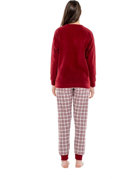 3998 Kadın Bordo Yuvarlak Yaka Uzun Kollu Pijama Takımı -Bordo fiyatları