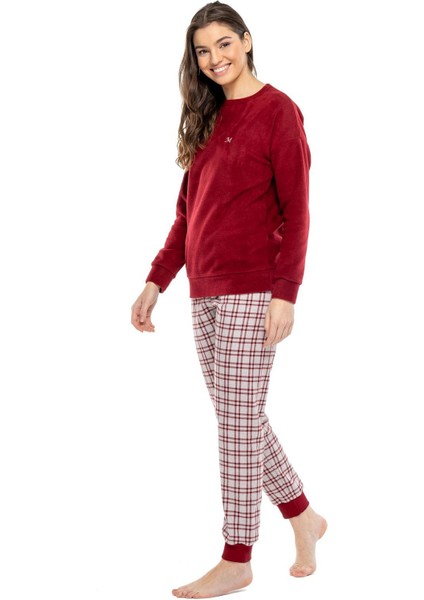 3998 Kadın Bordo Yuvarlak Yaka Uzun Kollu Pijama Takımı -Bordo modelleri