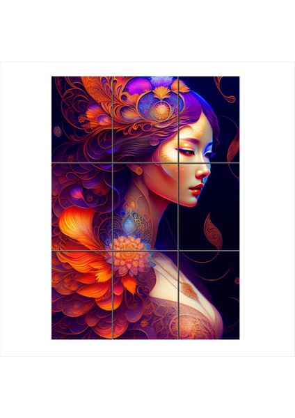 Uzak Doğulu Soyut Kadın Temalı 9 Parça Puzzle Tablo