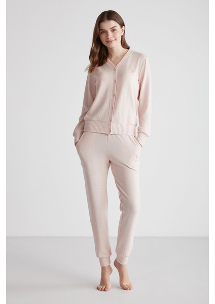 16956 Kadın Pembe Melanj Patlı Uzun Kollu Pijama Takımı -Pembemelanj