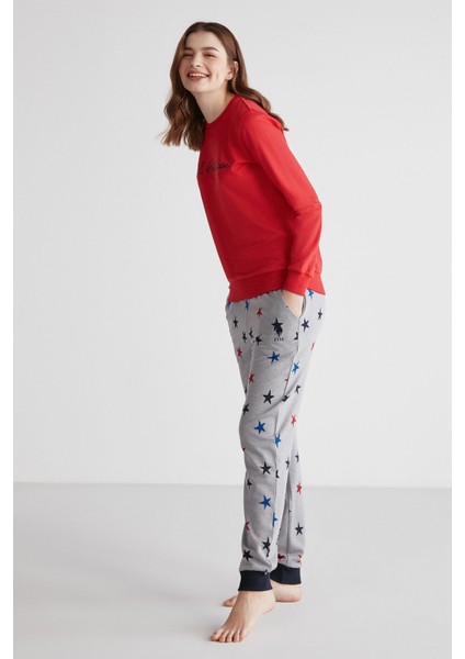 16958 Kadın Kırmızı Patlı Uzun Kollu Pijama Takımı -Kırmızı