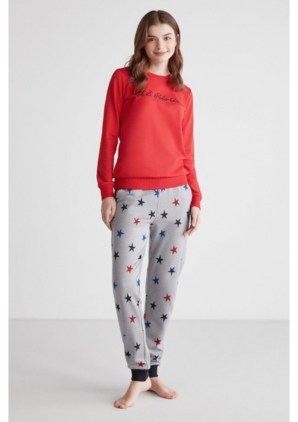 16958 Kadın Kırmızı Patlı Uzun Kollu Pijama Takımı -Kırmızı fiyatları