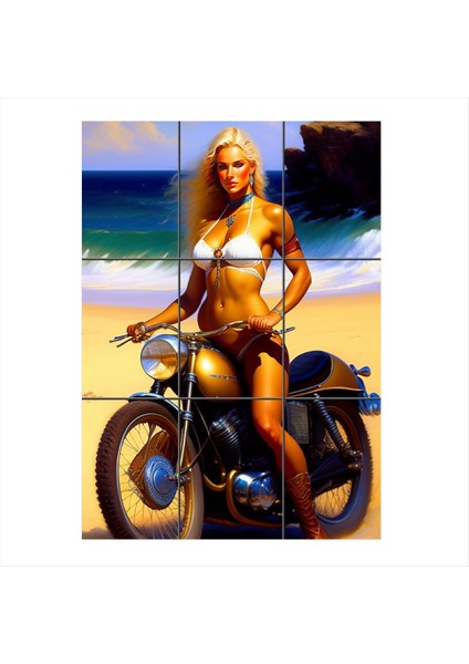 Plajda Motosikletli Kadın 9 Parça Puzzle Tablo