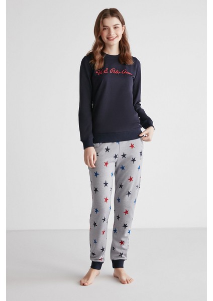 16958 Kadın Lacivert Patlı Uzun Kollu Pijama Takımı -Lacivert