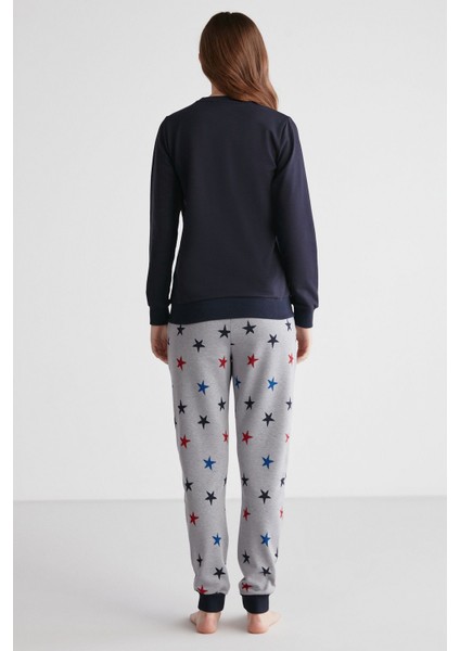 16958 Kadın Lacivert Patlı Uzun Kollu Pijama Takımı -Lacivert modelleri