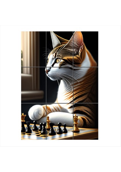 Satranç Oynayan Kedi Tasarım 9 Parça Puzzle Tablo