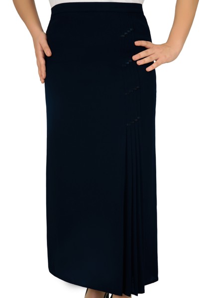 Tesettür Büyük Beden Deri Detaylı Astarlı Pileli Krep Anne Eteği