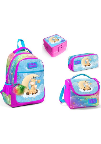 Zürafa Desenli Kız Çocuk Ilkokul Çanta Seti -Dört Parçalı Set
