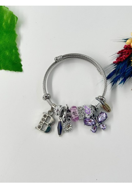 Kadın Charm B Harfi & Kelebek Lila Taşlı Çelik Bileklik modelleri