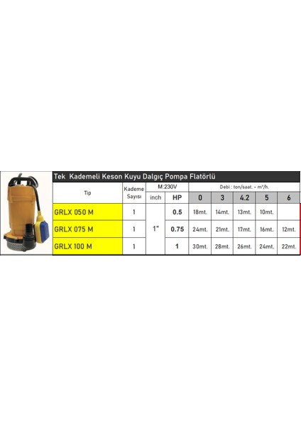 GRLX075 0.75 Hp Flatörlü Tek Kademeli Keson Kuyu Dalgıç Pompa