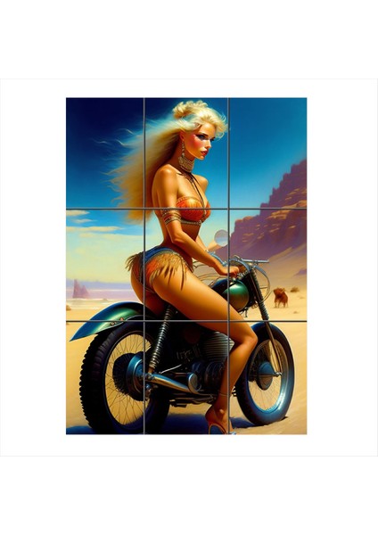 Motosikletli Güzel Kadın Temalı 9 Parça Puzzle Tablo