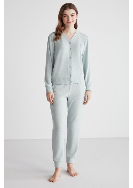 16956 Kadın Yeşil Melanj Patlı Uzun Kollu Pijama Takımı -Yeşilmelanj