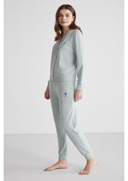 16956 Kadın Yeşil Melanj Patlı Uzun Kollu Pijama Takımı -Yeşilmelanj fiyatları