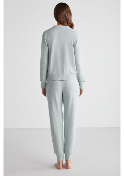 16956 Kadın Yeşil Melanj Patlı Uzun Kollu Pijama Takımı -Yeşilmelanj modelleri