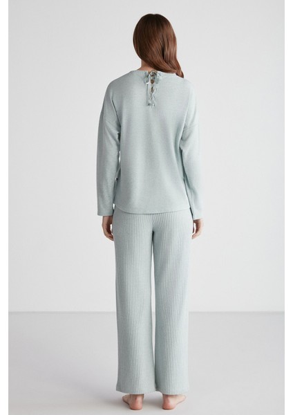 16954 Kadın Yeşil Melanj Yuvarlak Yaka Uzun Kollu Pijama Takımı -Yeşilmelanj modelleri