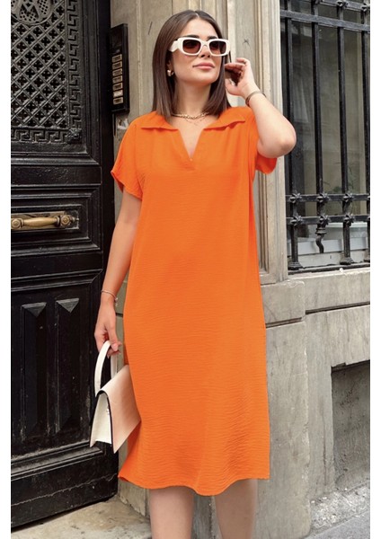Turuncu Kısa Kol, Polo Yaka, Dokulu Kumaş, Basic Kalıp/kesim, Aerobin Rahat Midi Elbise