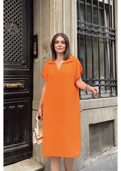 Turuncu Kısa Kol, Polo Yaka, Dokulu Kumaş, Basic Kalıp/kesim, Aerobin Rahat Midi Elbise fiyatları