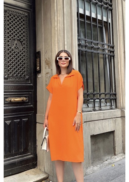 Turuncu Kısa Kol, Polo Yaka, Dokulu Kumaş, Basic Kalıp/kesim, Aerobin Rahat Midi Elbise fırsatları