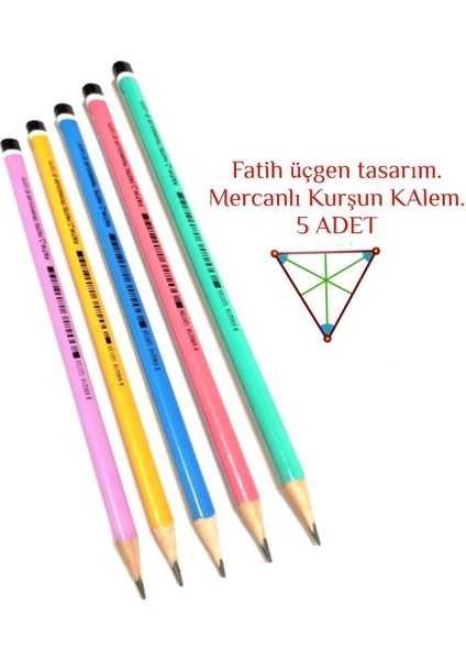 Üçgen Mercanlı Pastel Renkli Kurşun Kalem 5 Adet