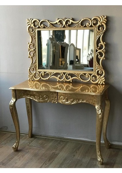 Dresuar Aslan Ayak Model Kayın Torna Parlak Gold Lake Çekmece Ayna Lüx Oyma